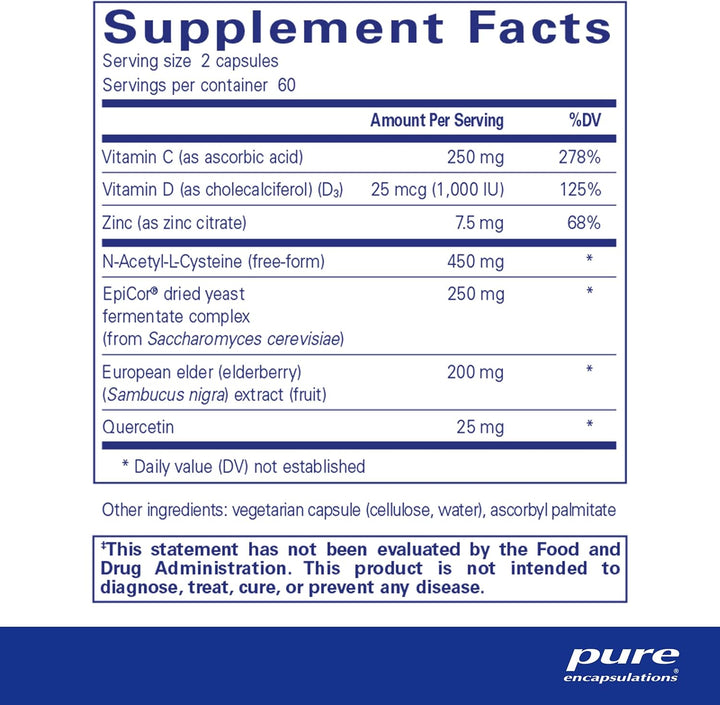 Pure Encapsulations PureDefense NAC supplement bottle showing 120 capsules for immune and respiratory health support.