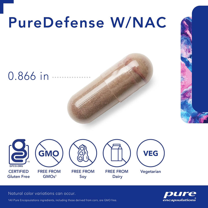 Pure Encapsulations PureDefense NAC supplement in 120 capsules, supporting immune and respiratory health with botanical ingredients.