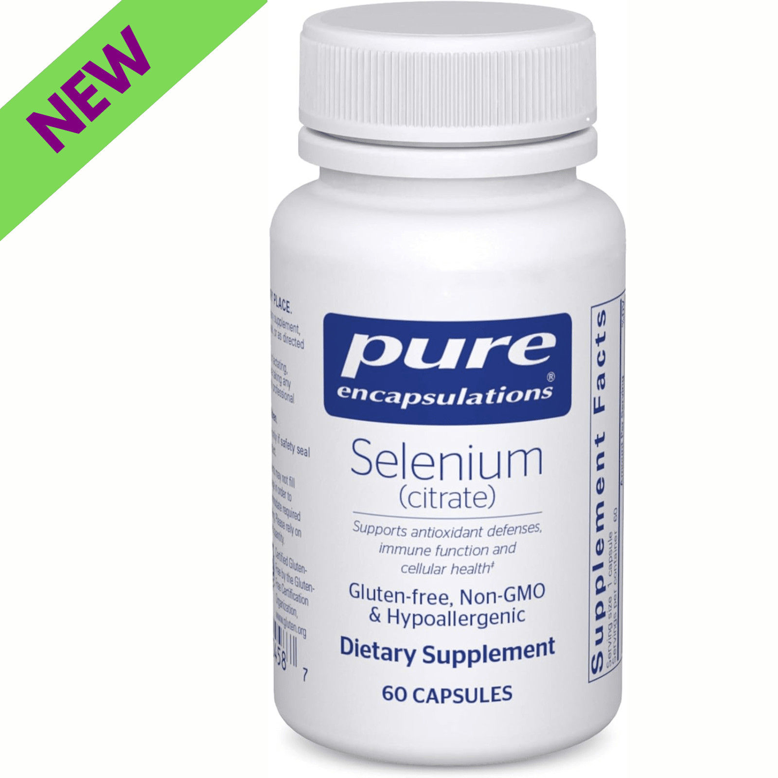 Pure Encapsulations Selenium Citrate capsules for immune support, showing a bottle of 60 botanical supplement capsules.