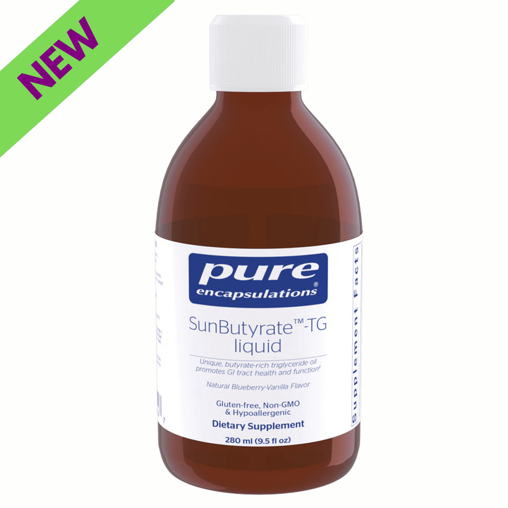 Pure Encapsulations SunButyrate TG Liquid supplement bottle supporting gut health, botanical immune support, 280 ml.