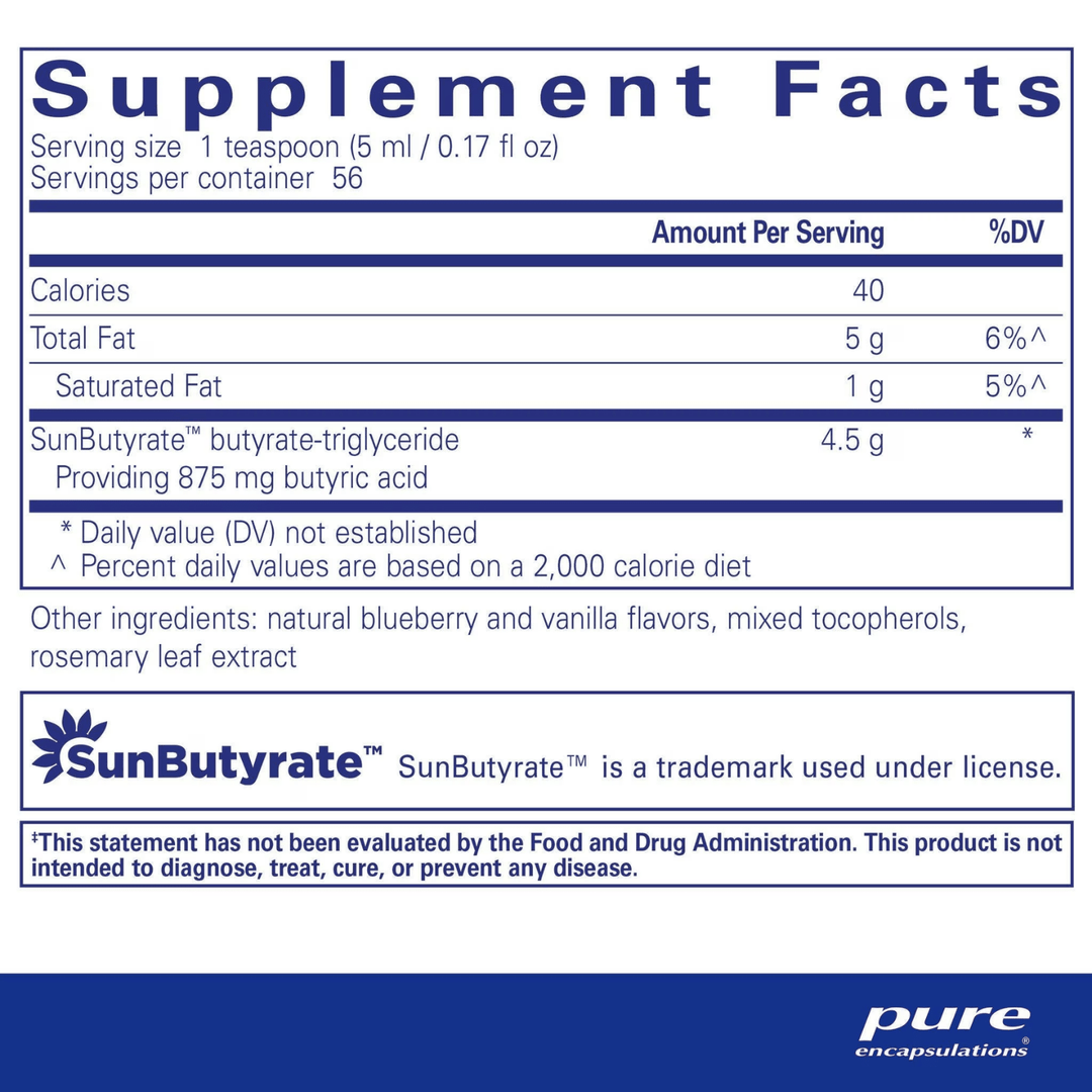 Pure Encapsulations SunButyrate TG Liquid supplement bottle supporting gut health, shown in a 280 ml size.