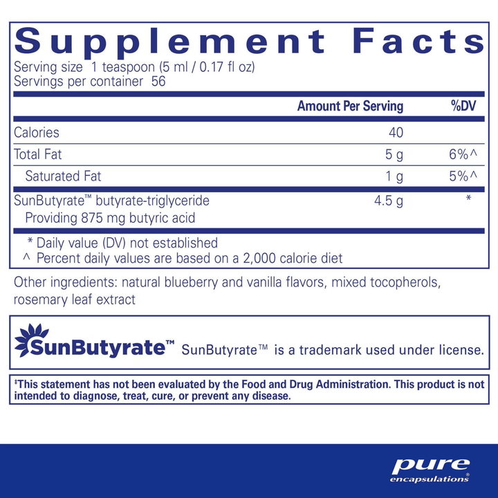 Pure Encapsulations SunButyrate TG Liquid supplement bottle supporting gut health, shown in a 280 ml size.