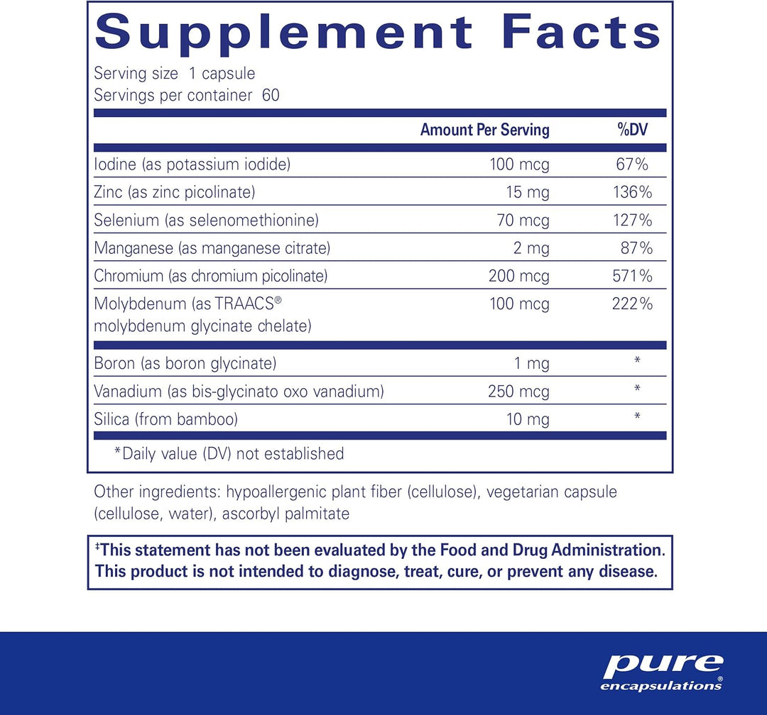 Pure Encapsulations Trace Minerals supplement bottle with 60 capsules, supporting metabolism and cellular function.