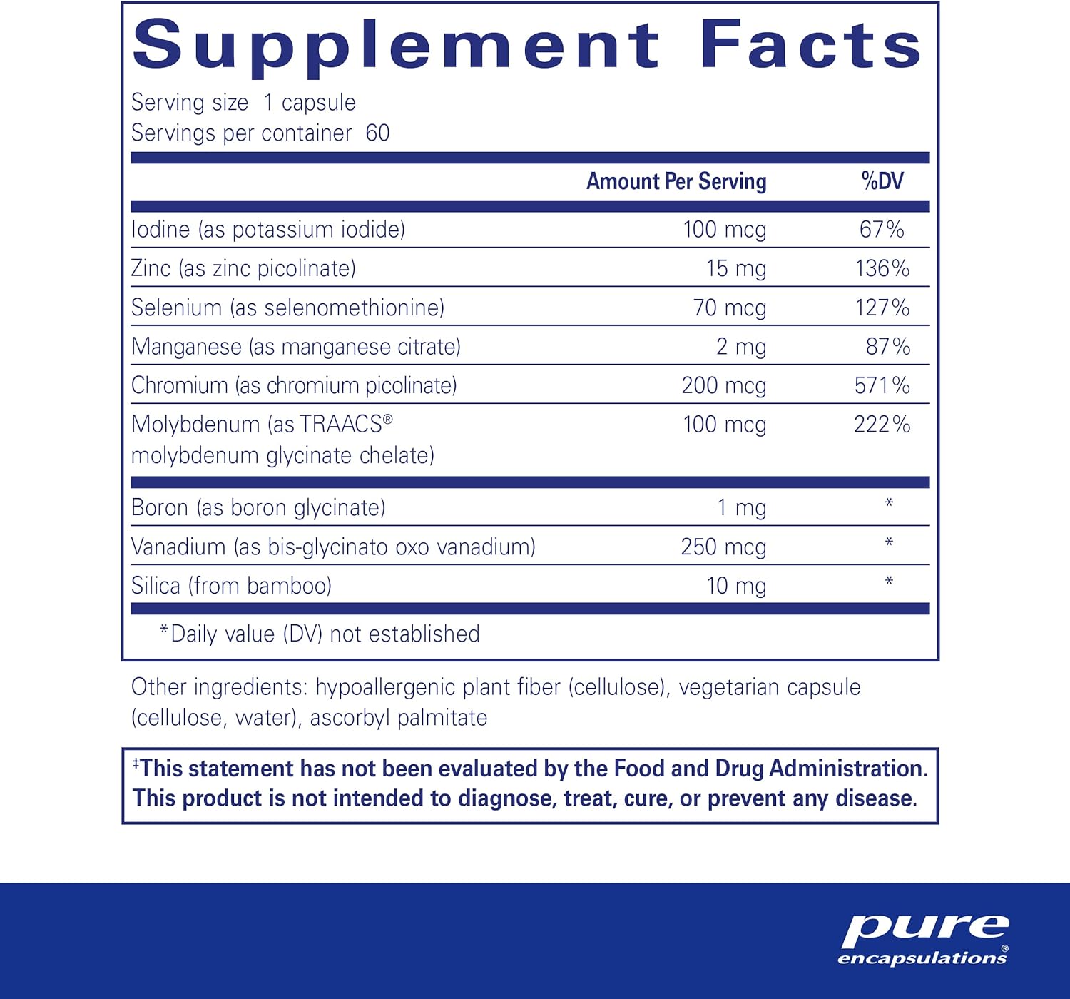 Pure Encapsulations Trace Minerals supplement bottle with 60 capsules, supporting metabolism and cellular function.