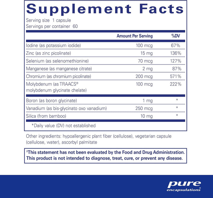 Pure Encapsulations Trace Minerals supplement bottle with 60 capsules, supporting metabolism and cellular function.