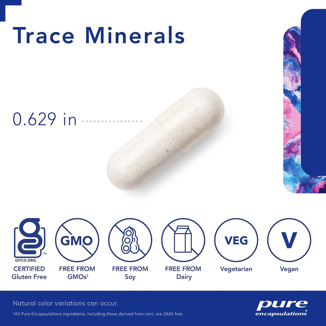 Pure Encapsulations Trace Minerals supplement bottle showing 60 capsules for supporting metabolism and cellular function.
