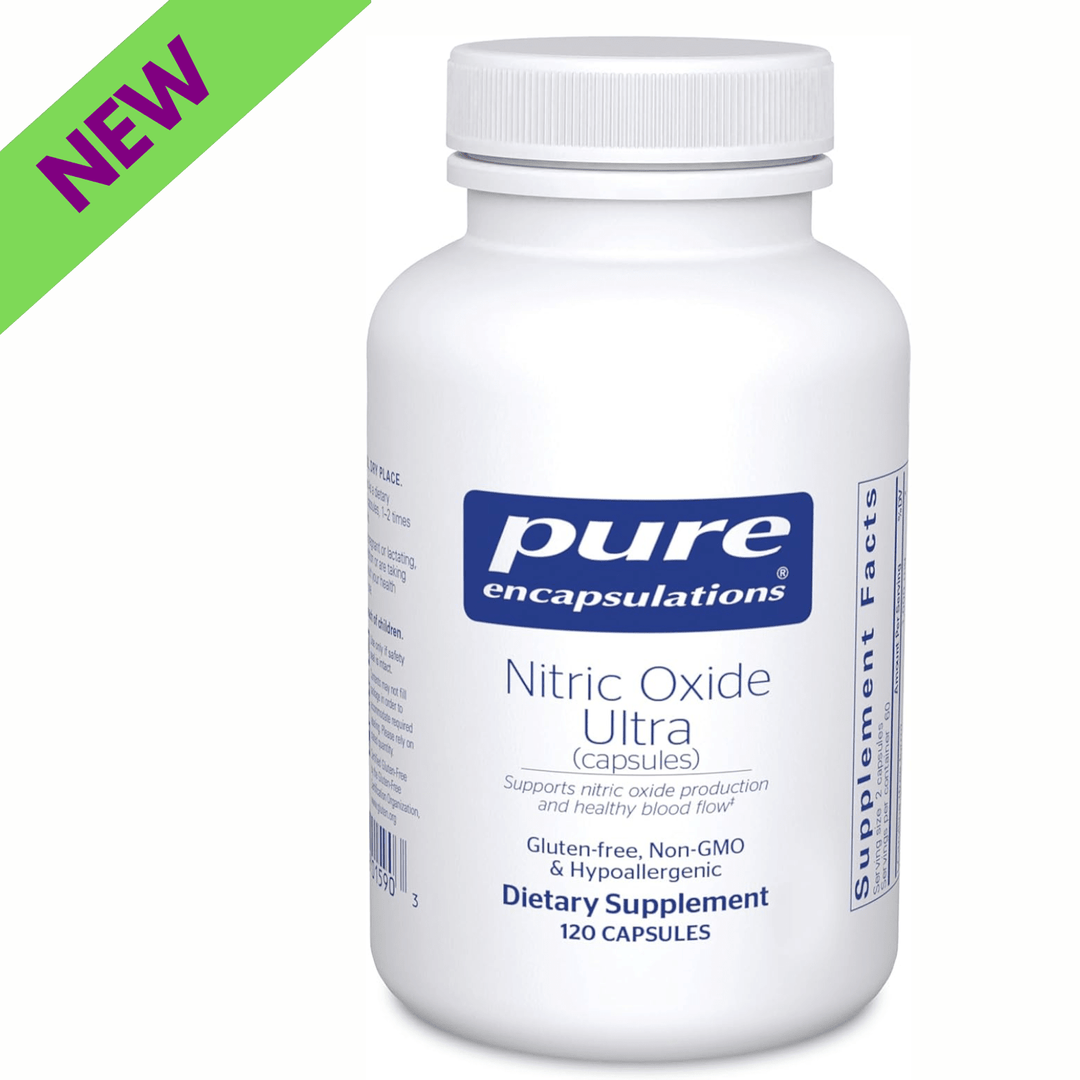 Pure Encapsulations Nitric Oxide Ultra supplement bottle with 120 capsules, supporting healthy blood flow and cardiovascular health.