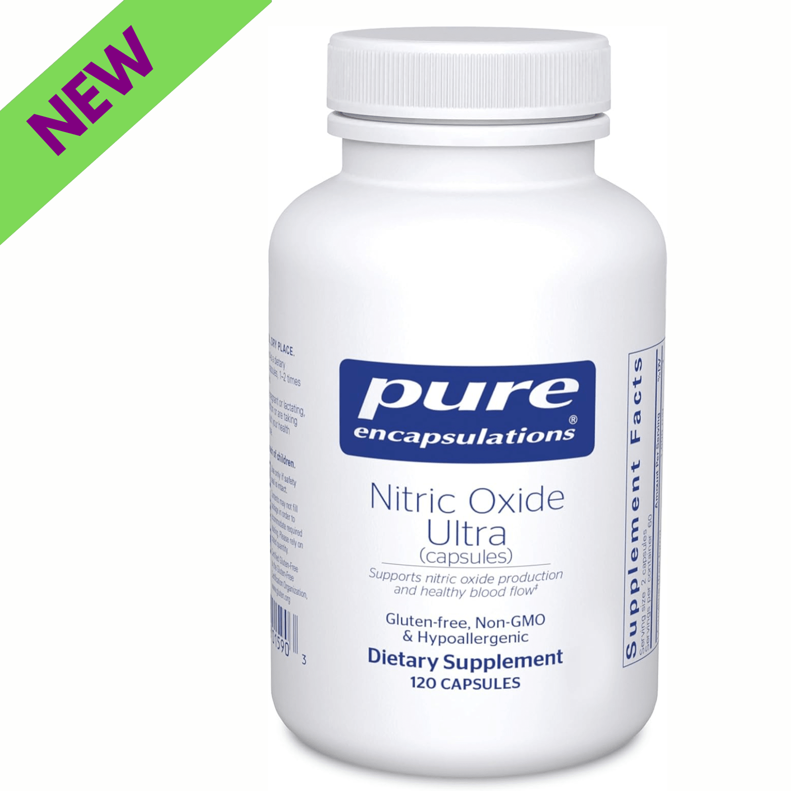 Pure Encapsulations Nitric Oxide Ultra supplement bottle with 120 capsules, supporting healthy blood flow and cardiovascular health.
