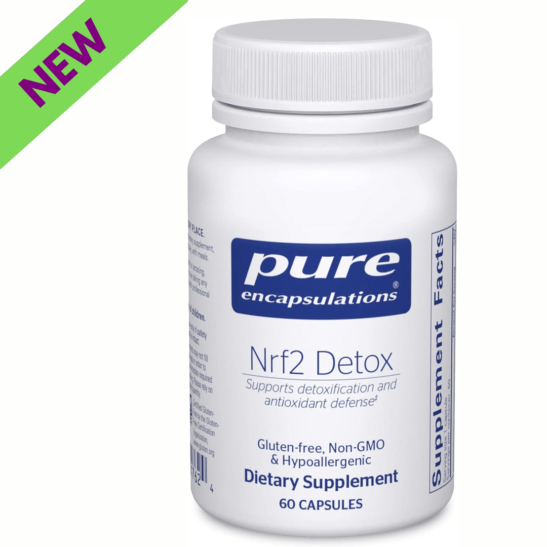 Pure Encapsulations Nrf2 Detox supplement bottle with 60 capsules supporting cellular and liver health.