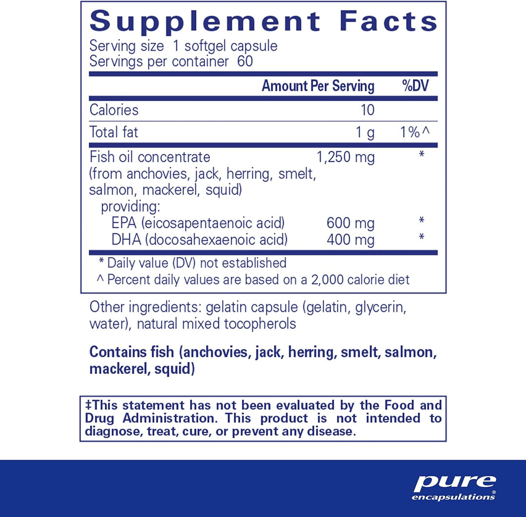 Pure Encapsulations ONE Omega softgels for heart and brain support, part of detox supplement with 60 softgels in bottle.