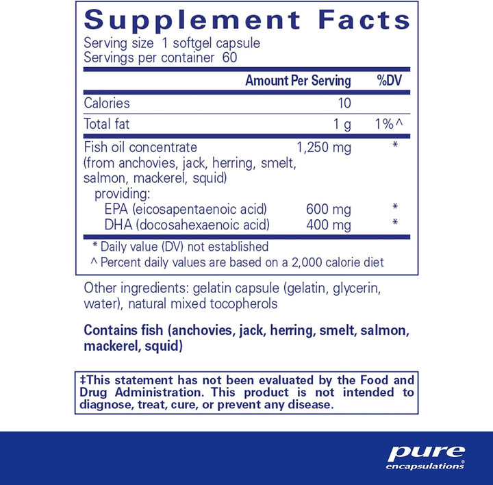 Pure Encapsulations ONE Omega softgels for heart and brain support, part of detox supplement with 60 softgels in bottle.