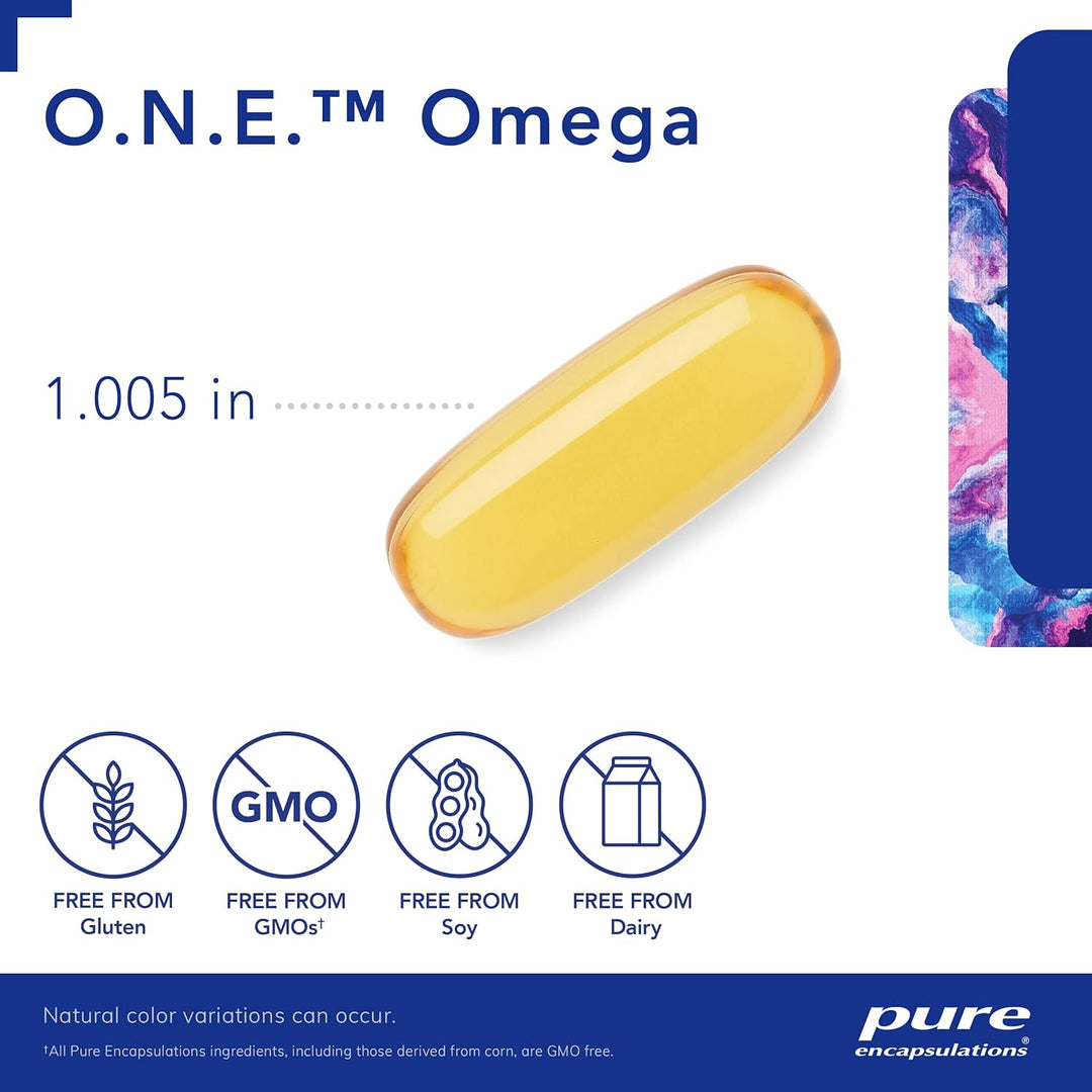 Pure Encapsulations ONE Omega softgels for heart and brain support, part of detox supplement line, displayed in a clear bottle.