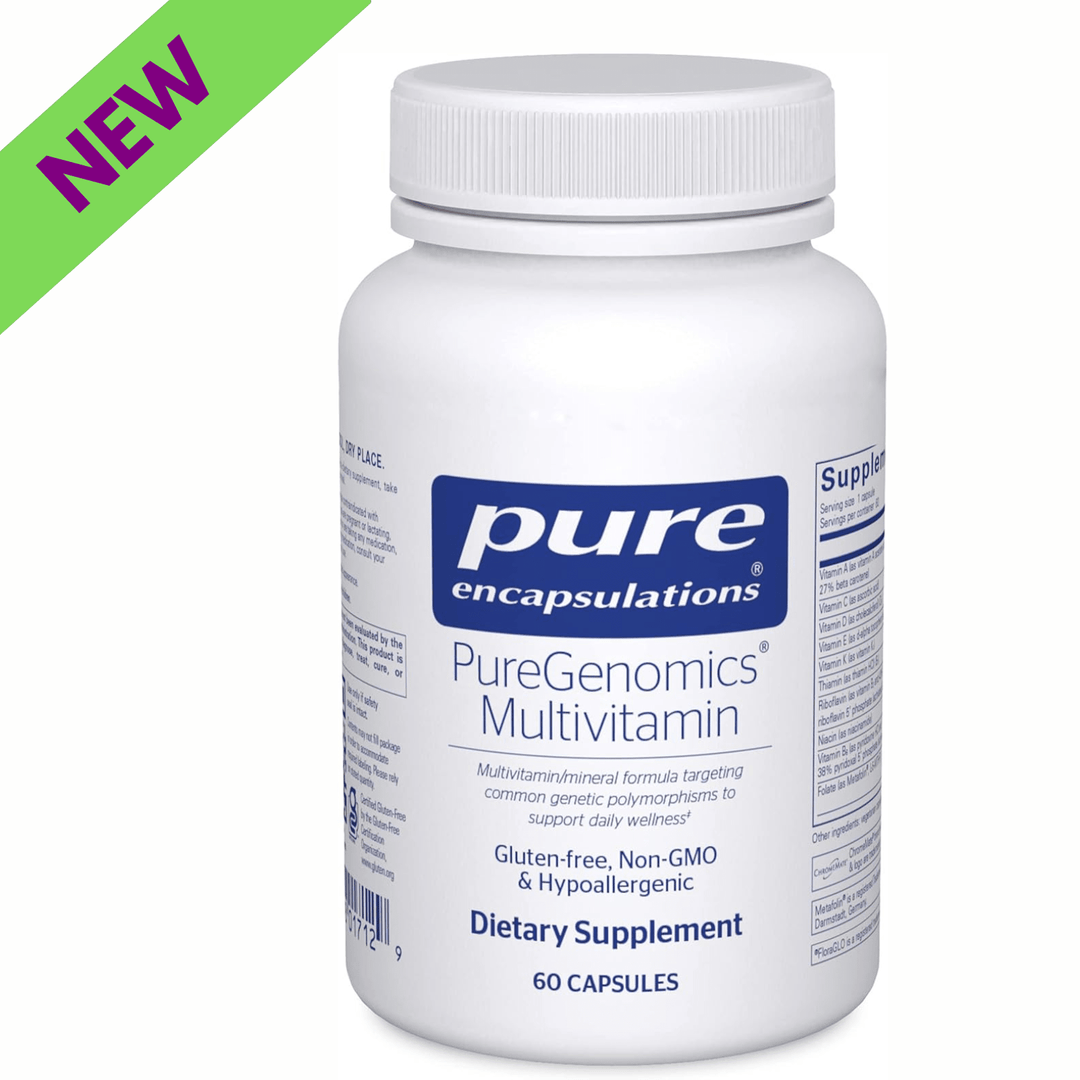 Pure Encapsulations PureGenomics multivitamin bottle with 60 capsules, a detox support supplement for nutrient balance.