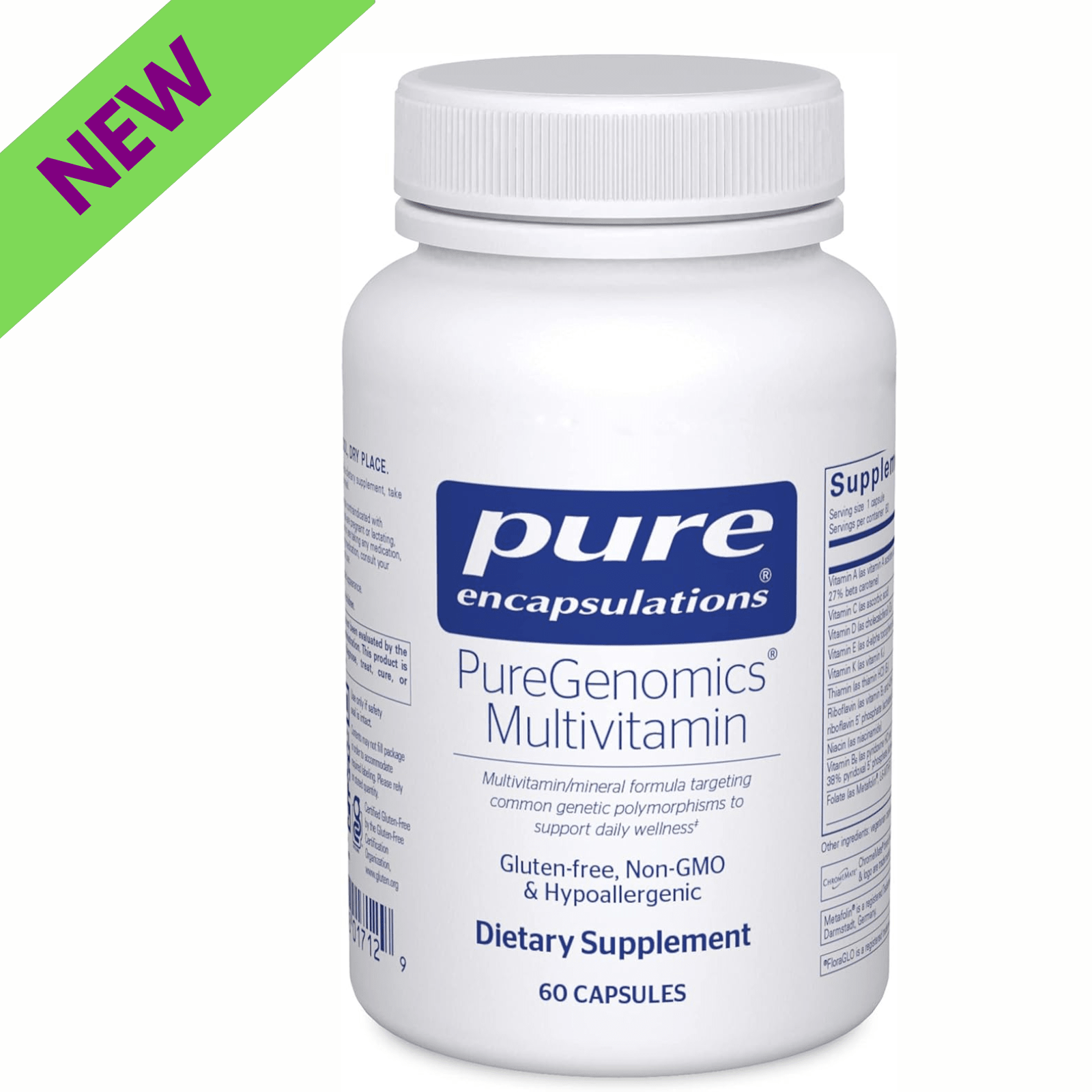 Pure Encapsulations PureGenomics multivitamin bottle with 60 capsules, a detox support supplement for nutrient balance.
