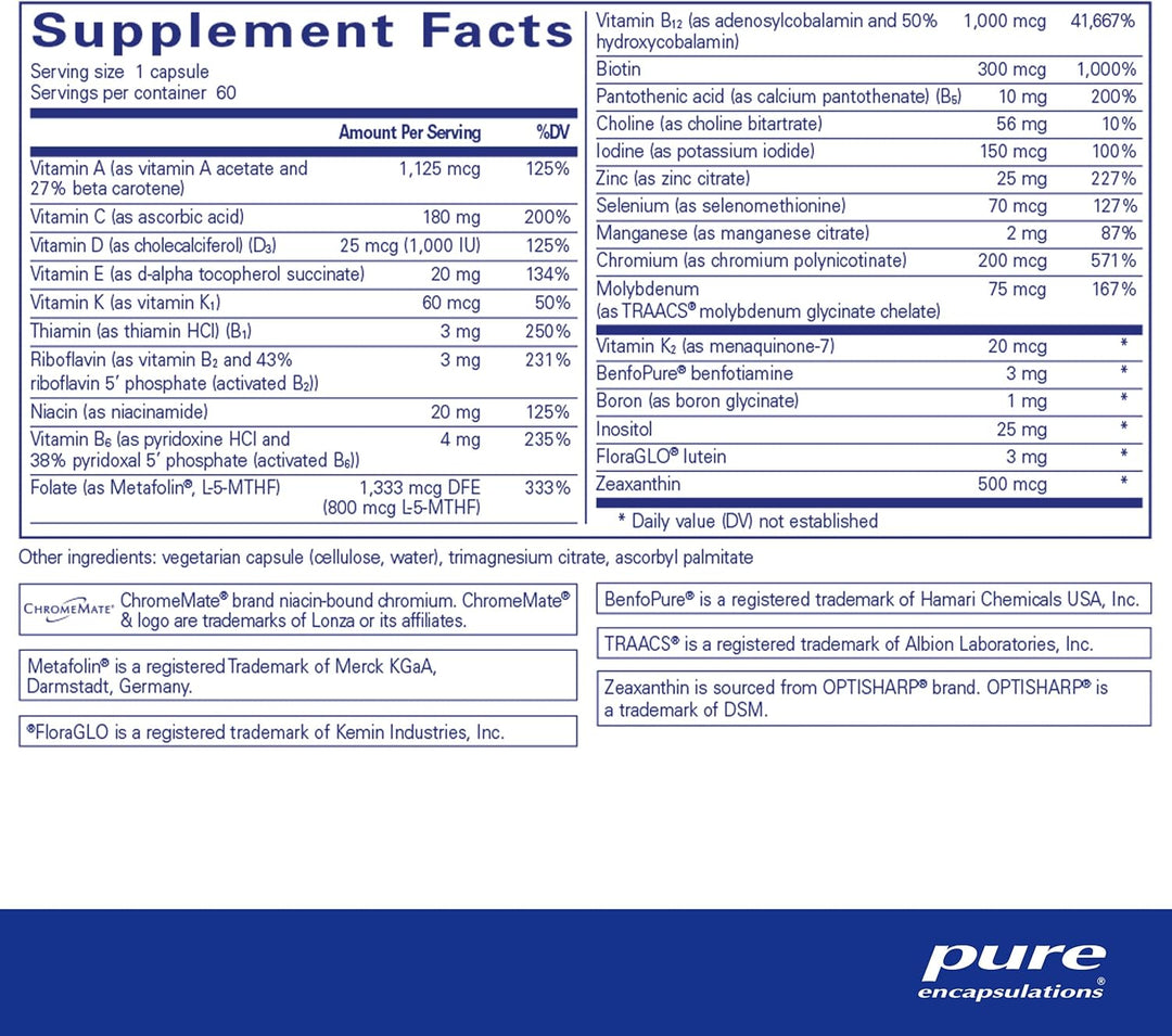 Pure Encapsulations PureGenomics multivitamin supplement for nutrient balance, shown in a bottle with 60 capsules.