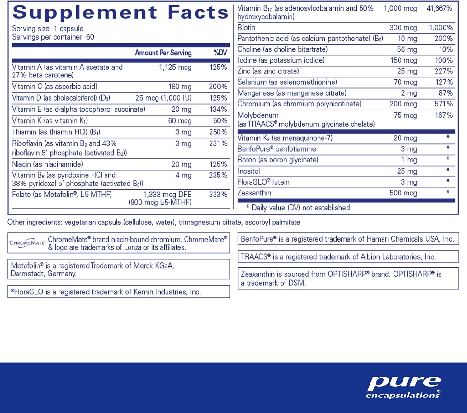 Pure Encapsulations PureGenomics multivitamin supplement for nutrient balance, shown in a bottle with 60 capsules.
