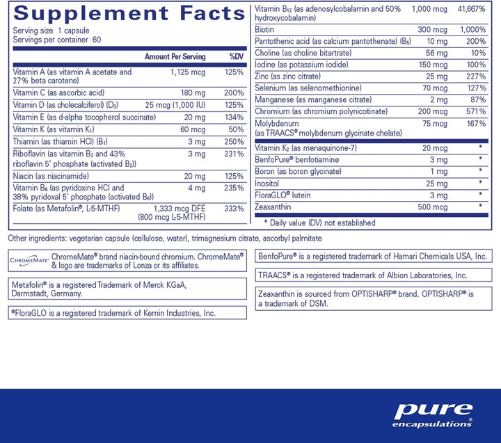 Pure Encapsulations PureGenomics multivitamin supplement for nutrient balance, shown in a bottle with 60 capsules.