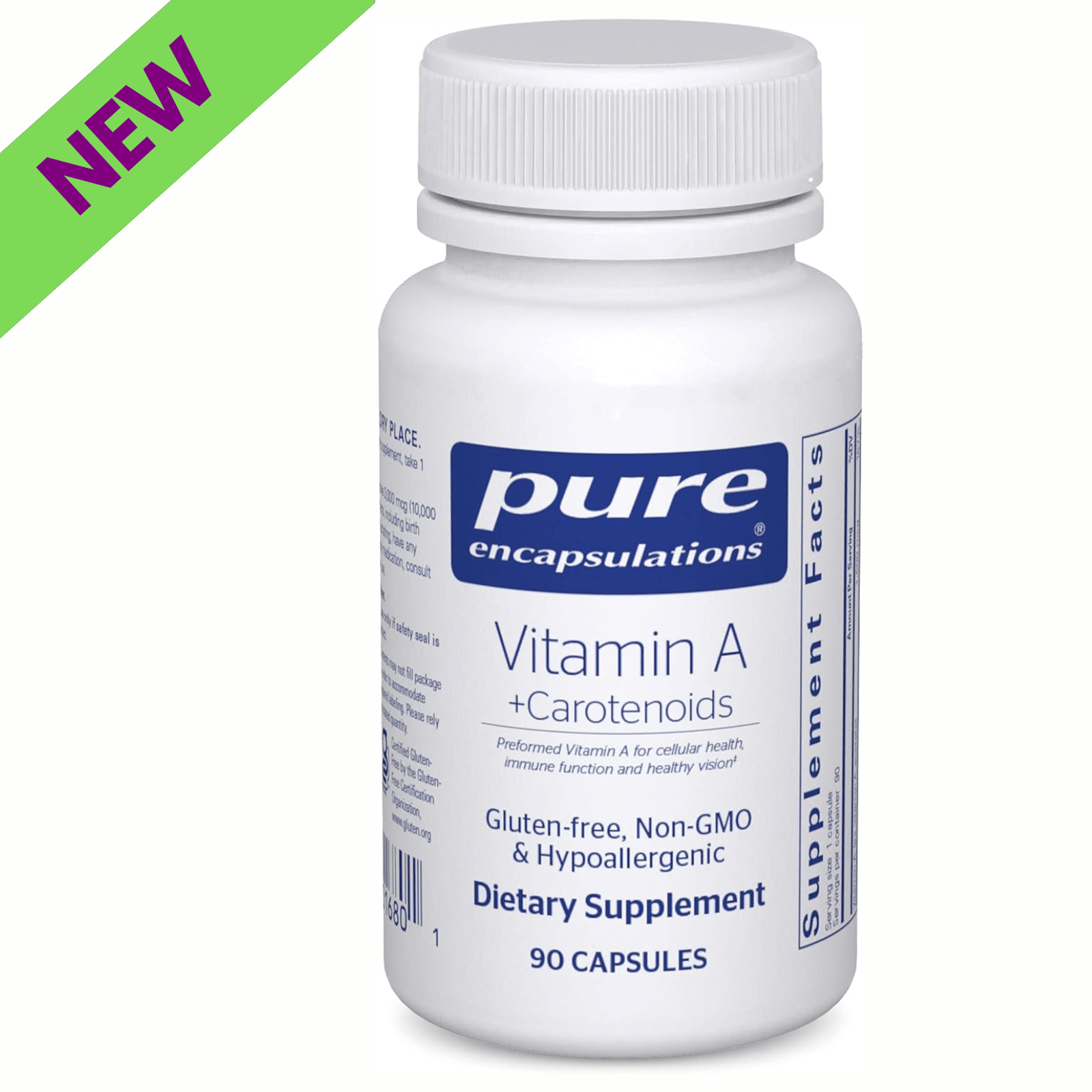 Pure Encapsulations Vitamin A Carotenoids supplement supporting eye and skin health in a bottle of 90 capsules.