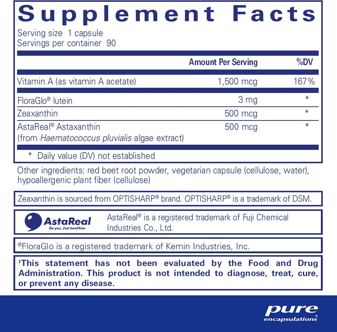 Pure Encapsulations Vitamin A Carotenoids supplement supporting eye and skin health in a bottle of 90 capsules.