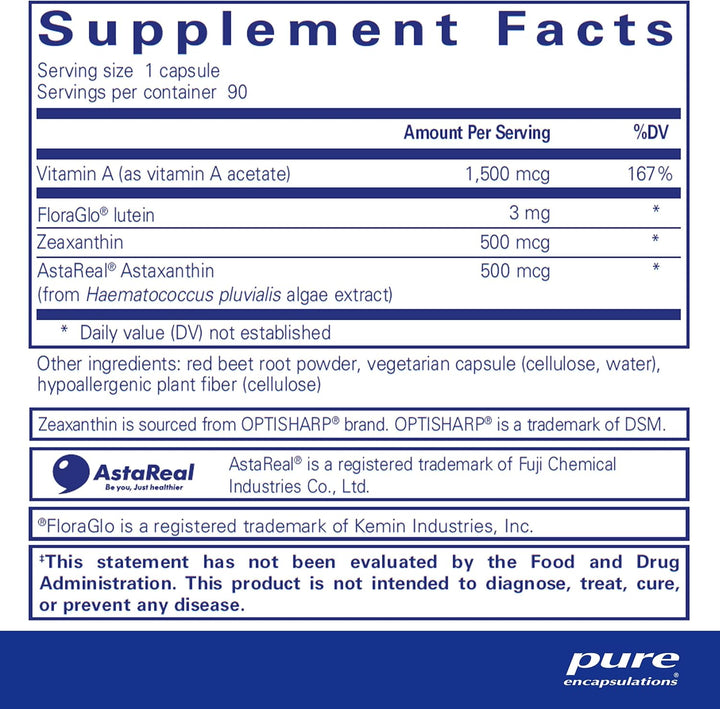 Pure Encapsulations Vitamin A Carotenoids supplement supporting eye and skin health in a bottle of 90 capsules.