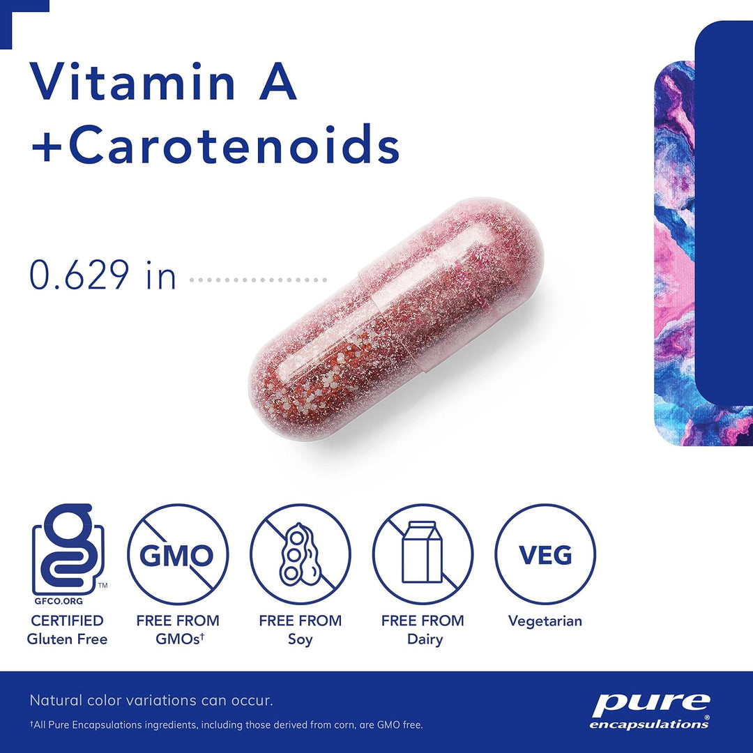 Pure Encapsulations Vitamin A Carotenoids detox support supplement, 90 capsules for eye and skin health.