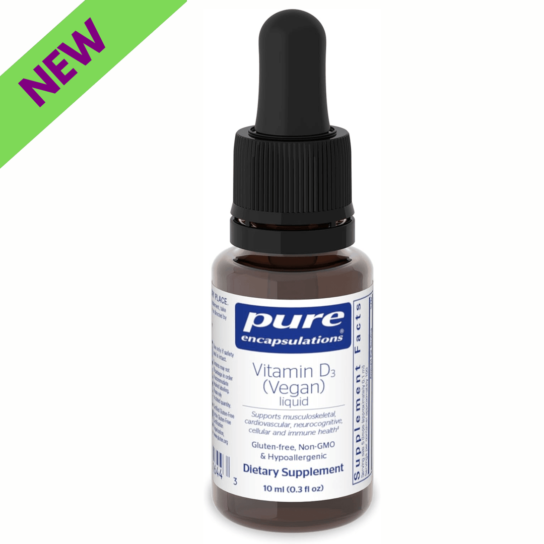 Pure Encapsulations Vitamin D3 Vegan supplement in 0.3 fl oz bottle, supports bone and immune health.
