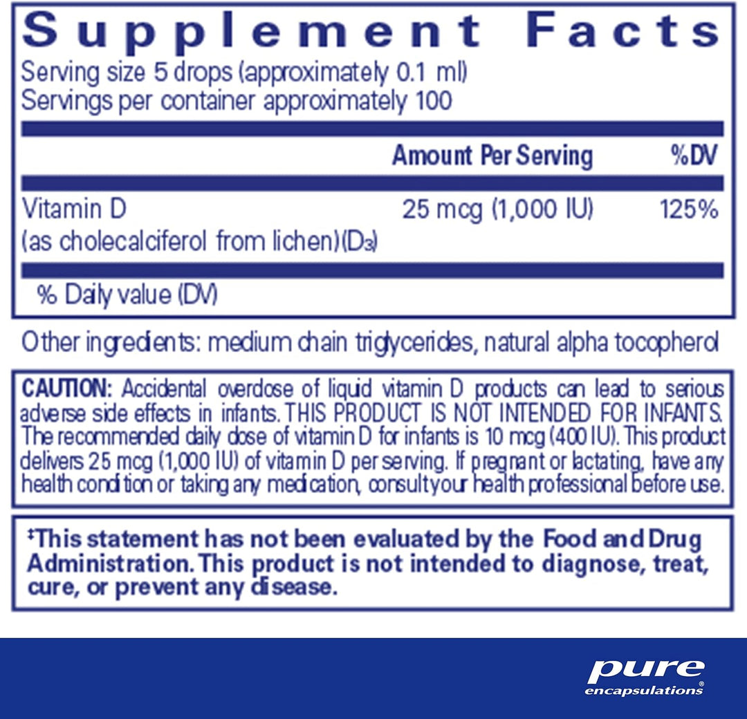 Pure Encapsulations Vitamin D3 Vegan supplement bottle showing label, supports bone and immune health, 0.3 fl oz.