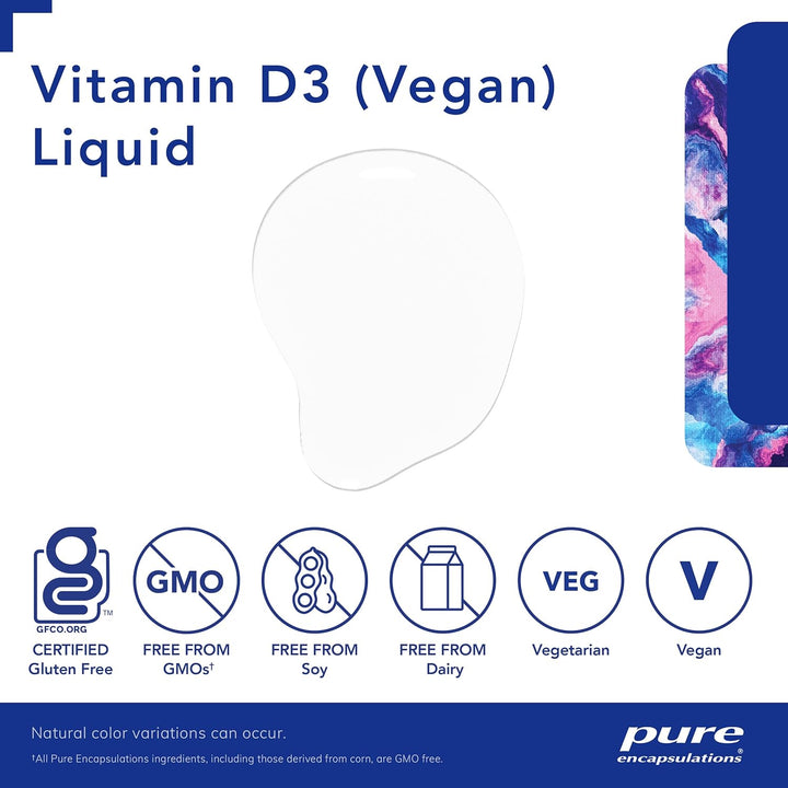 Pure Encapsulations Vitamin D3 Vegan supplement in 0.3 fl oz bottle, supports bone and immune health, detox support.