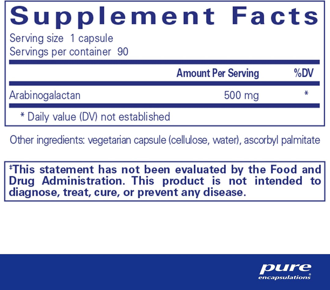 Pure Encapsulations Arabinogalactan dietary supplement capsules supporting liver and immune health, shown in a white bottle.