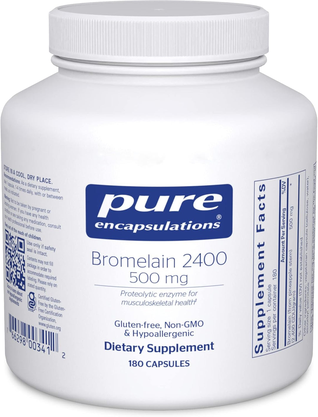 Pure Encapsulations Bromelain 2400 dietary supplement capsules for joint and muscle support, shown in a bottle with capsules.