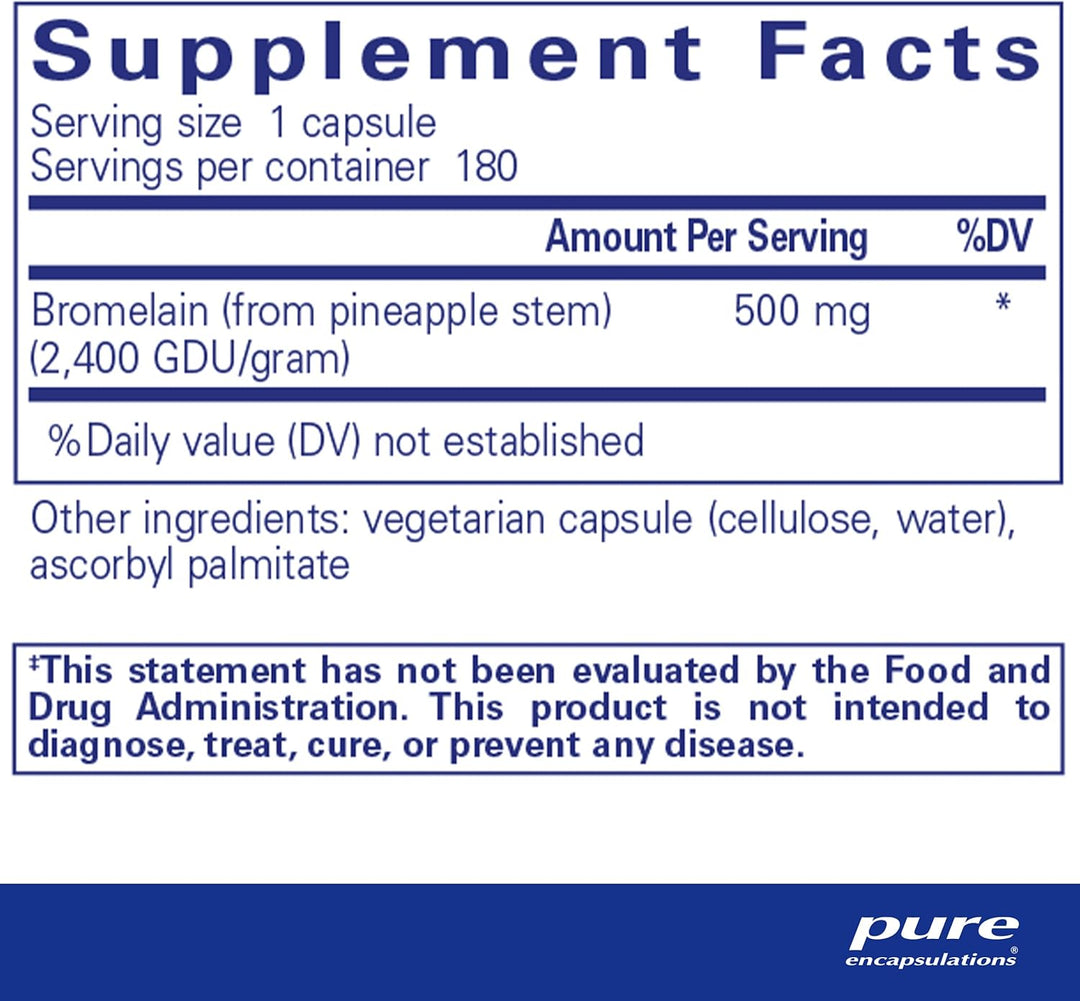 Pure Encapsulations Bromelain 2400 dietary supplement capsules for joint and muscle support, shown in a bottle with 180 capsules.