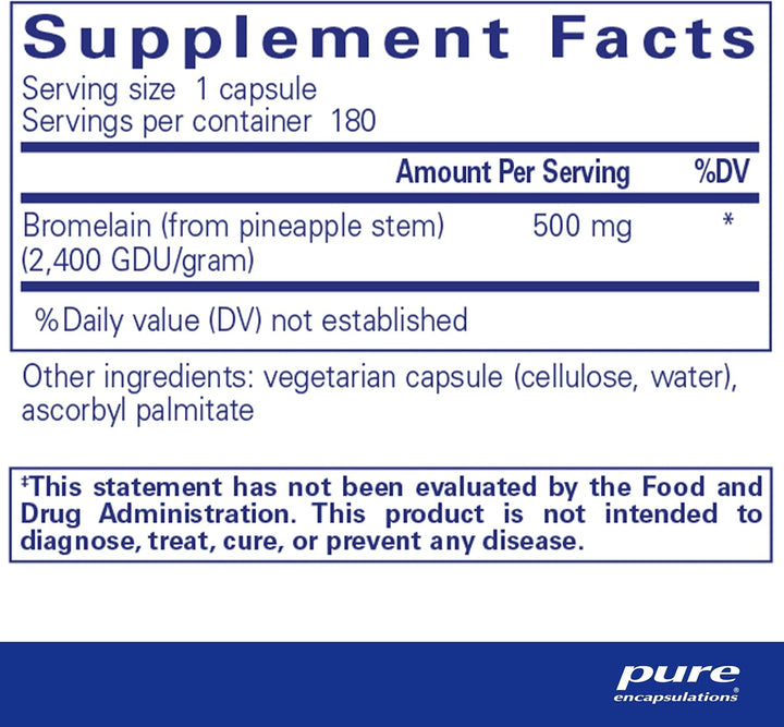 Pure Encapsulations Bromelain 2400 dietary supplement capsules for joint and muscle support, shown in a bottle with 180 capsules.