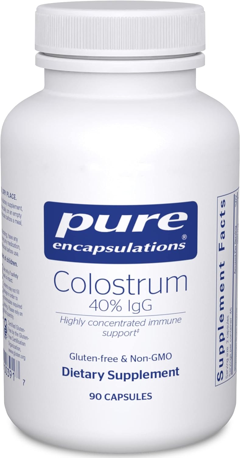 Pure Encapsulations Colostrum dietary supplement capsules supporting immune and gut health, displayed in a bottle.