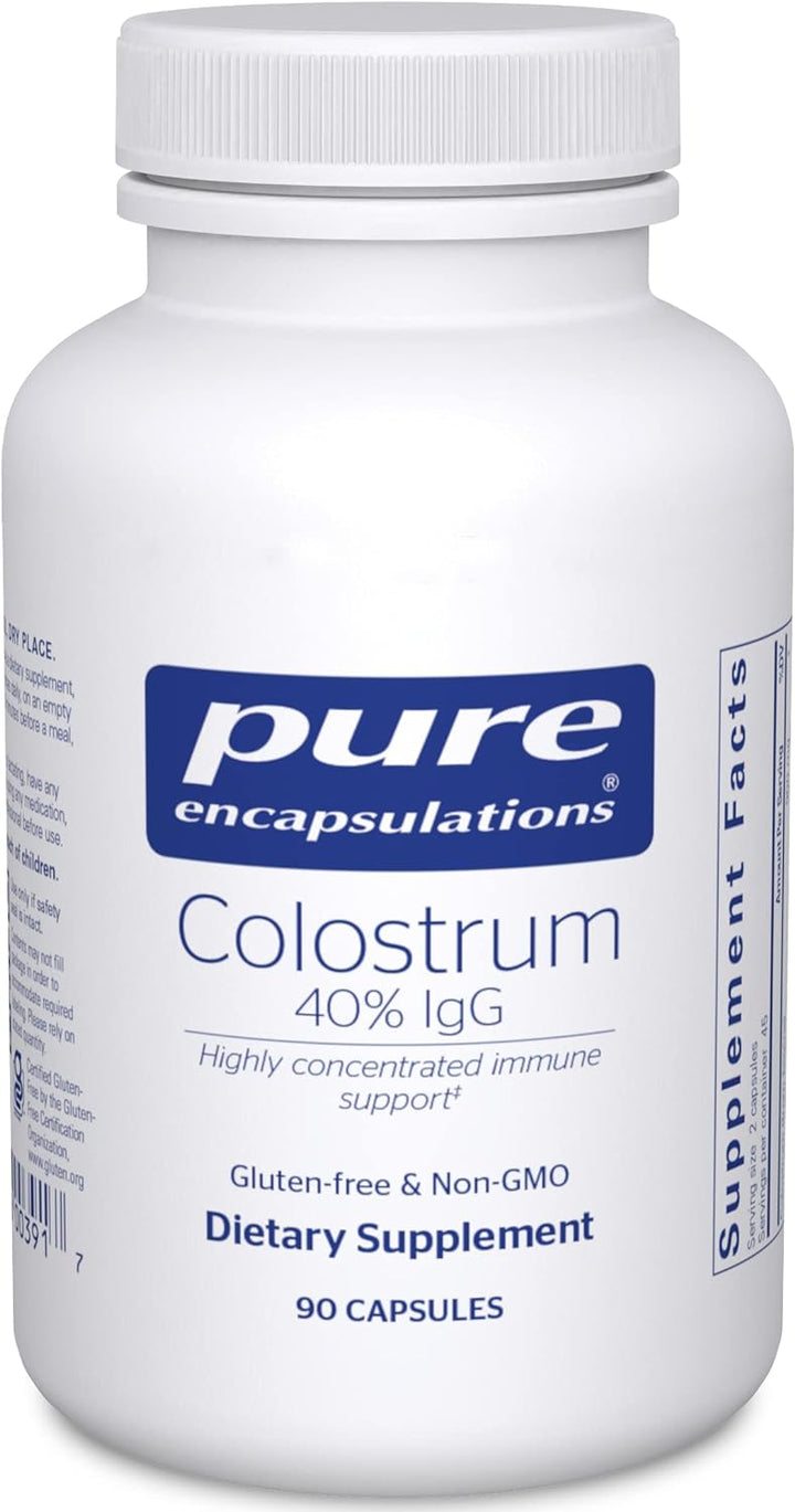 Pure Encapsulations Colostrum dietary supplement capsules supporting immune and gut health, displayed in a bottle.