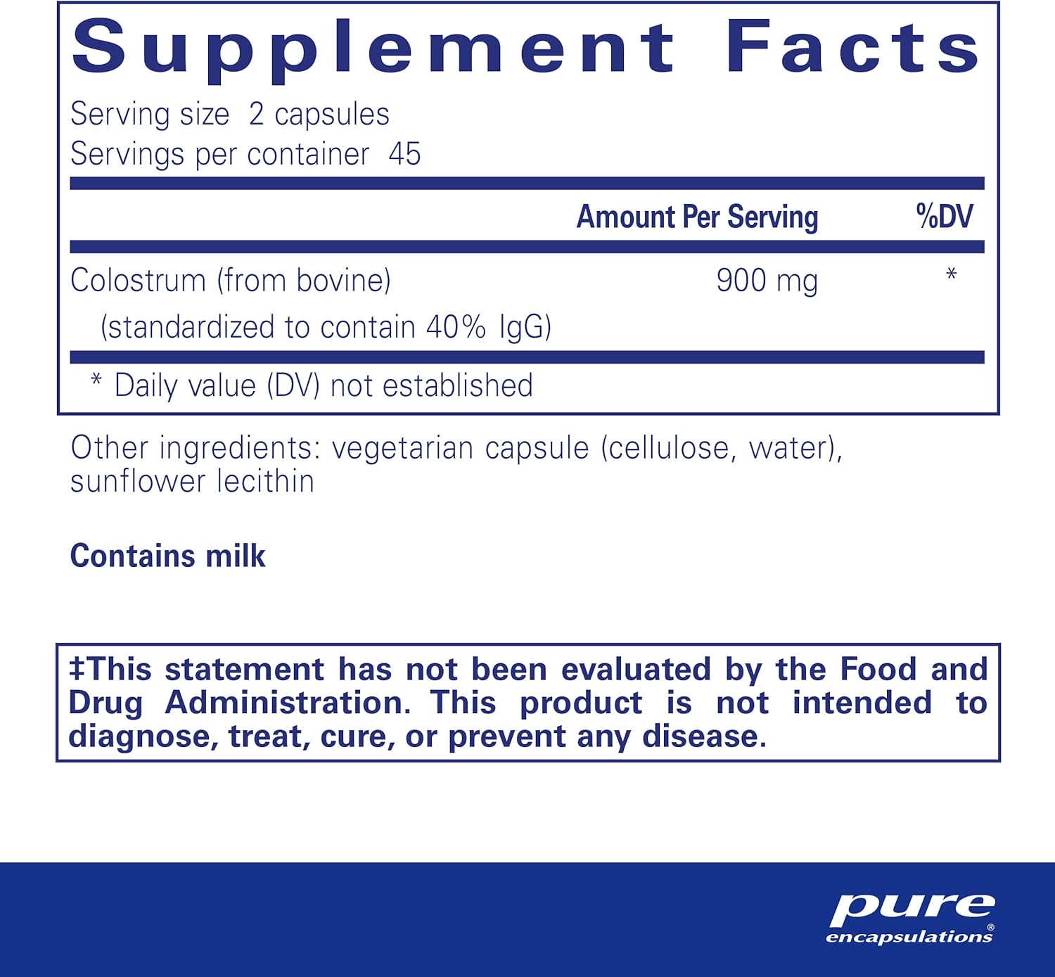 Pure Encapsulations Colostrum dietary supplement capsules supporting immune and gut health, with 90 capsules in a bottle.