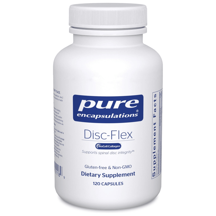 Pure Encapsulations DiscFlex dietary supplement capsules for spine and joint support, shown in a bottle with 120 capsules.