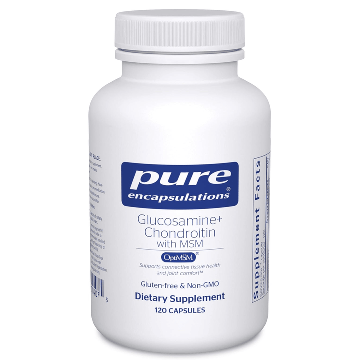 Pure Encapsulations Glucosamine Chondroitin MSM joint support dietary supplement capsules in a bottle.
