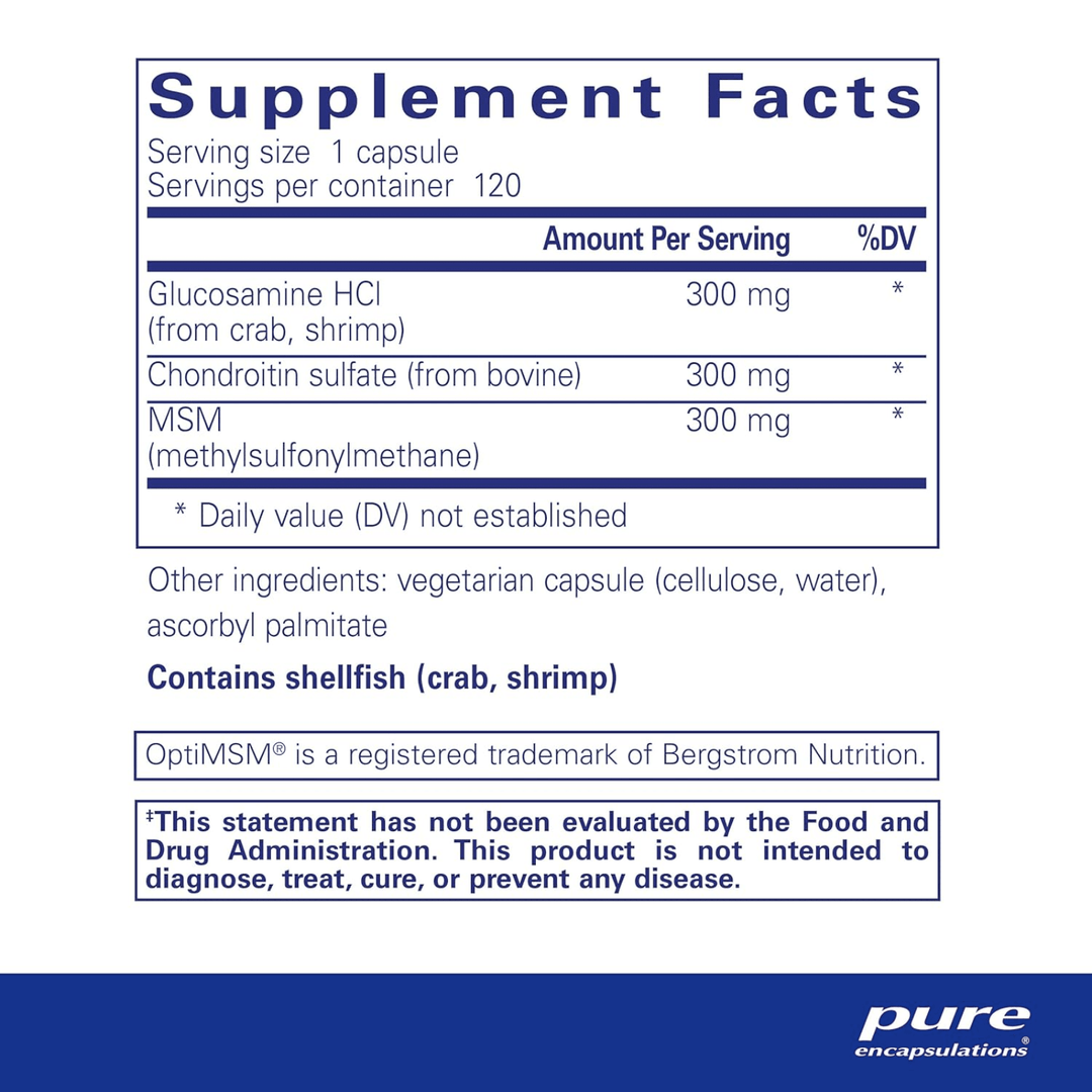 Pure Encapsulations Glucosamine Chondroitin MSM joint support dietary supplement capsules in a bottle.