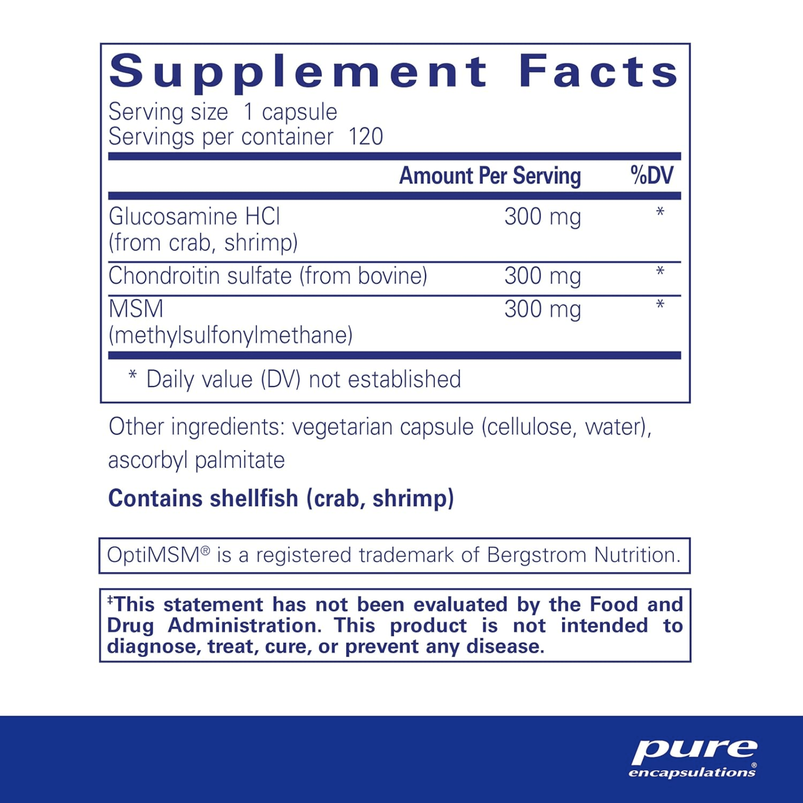 Pure Encapsulations Glucosamine Chondroitin MSM joint support dietary supplement capsules in a bottle.