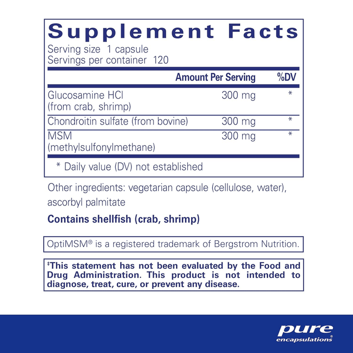 Pure Encapsulations Glucosamine Chondroitin MSM joint support dietary supplement capsules in a bottle.