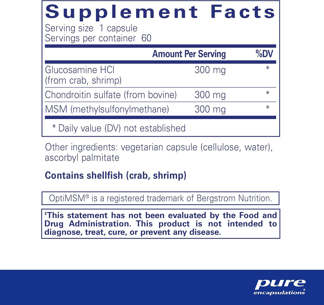 Pure Encapsulations Glucosamine Chondroitin MSM dietary supplement capsules for joint support, shown in a bottle.
