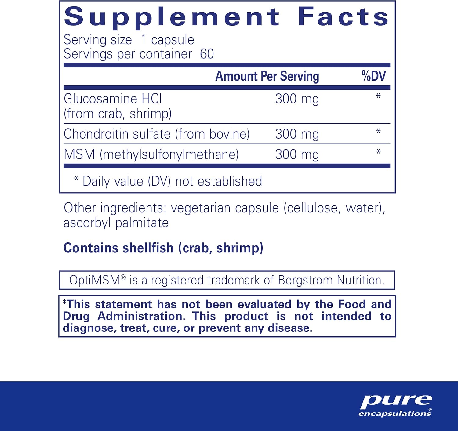 Pure Encapsulations Glucosamine Chondroitin MSM dietary supplement capsules for joint support, shown in a bottle.