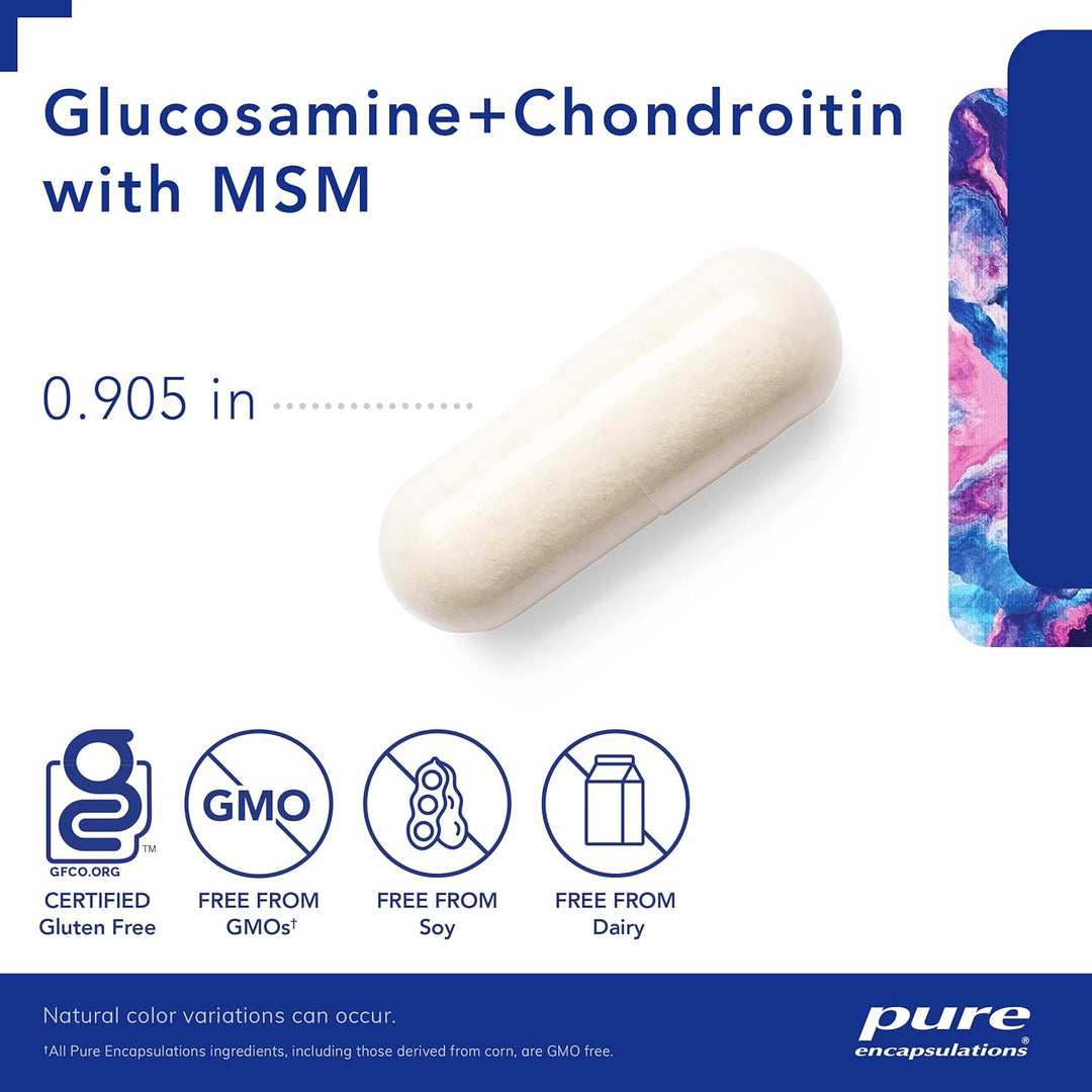 Pure Encapsulations Glucosamine Chondroitin MSM dietary supplement capsules for joint support, 60 capsules in bottle.