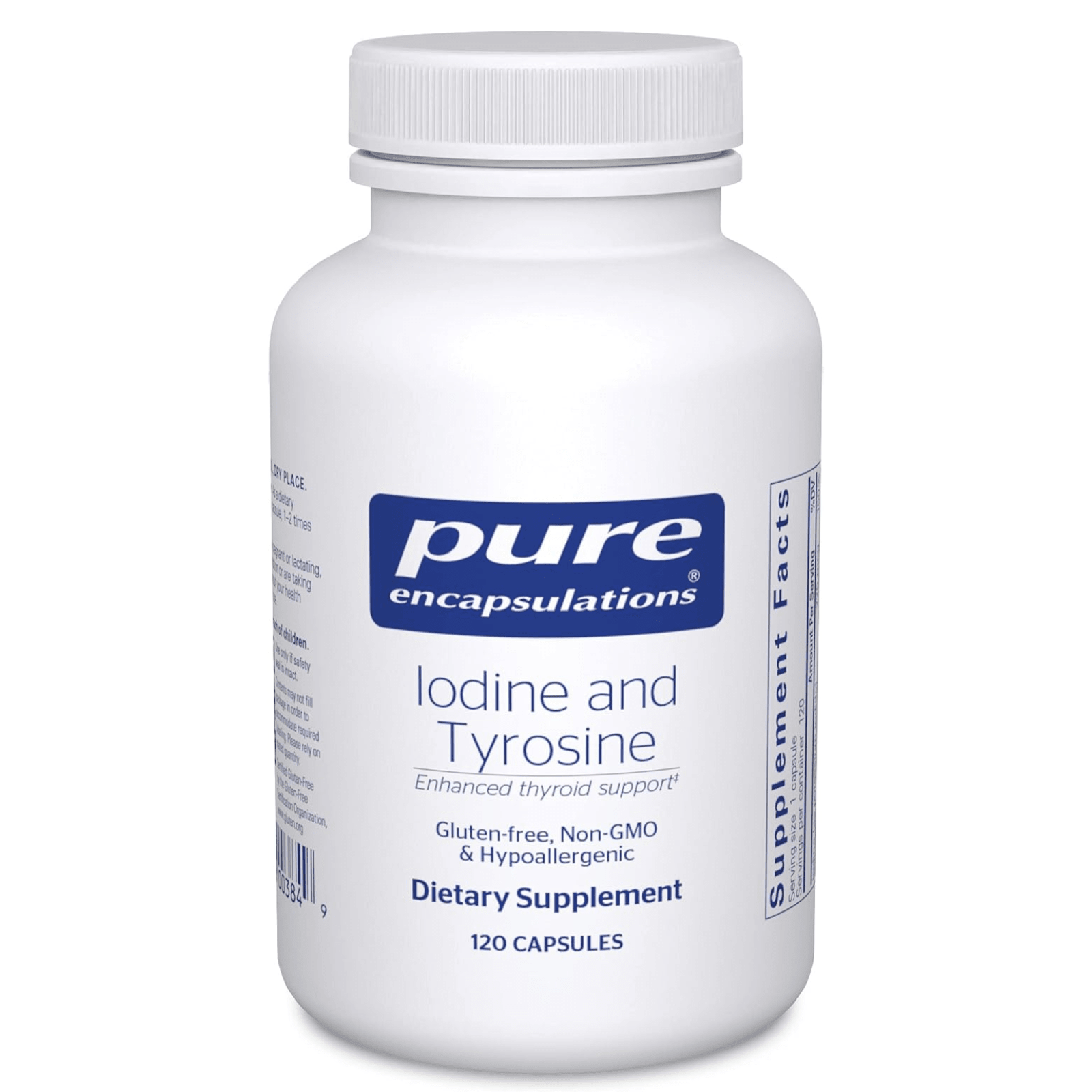 Pure Encapsulations Iodine Tyrosine dietary supplement capsules for thyroid support, displayed in a bottle with 120 capsules.