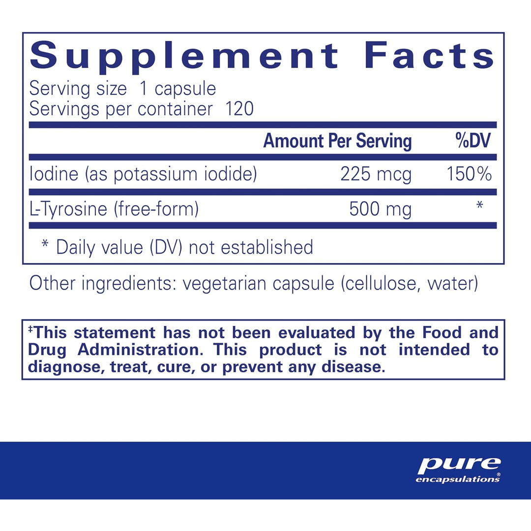 Pure Encapsulations iodine and tyrosine dietary supplement capsules for thyroid support, 120 capsules.