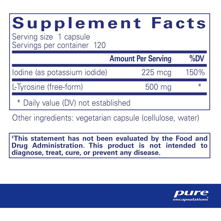 Pure Encapsulations iodine and tyrosine dietary supplement capsules for thyroid support, 120 capsules.