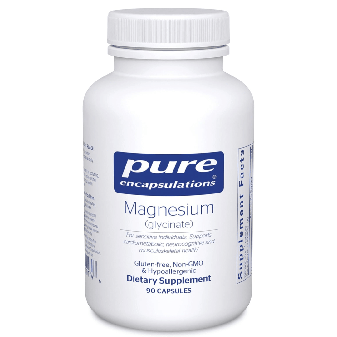 Pure Encapsulations Magnesium Citrate Malate dietary supplement capsules for energy support, 90 capsules in a bottle.