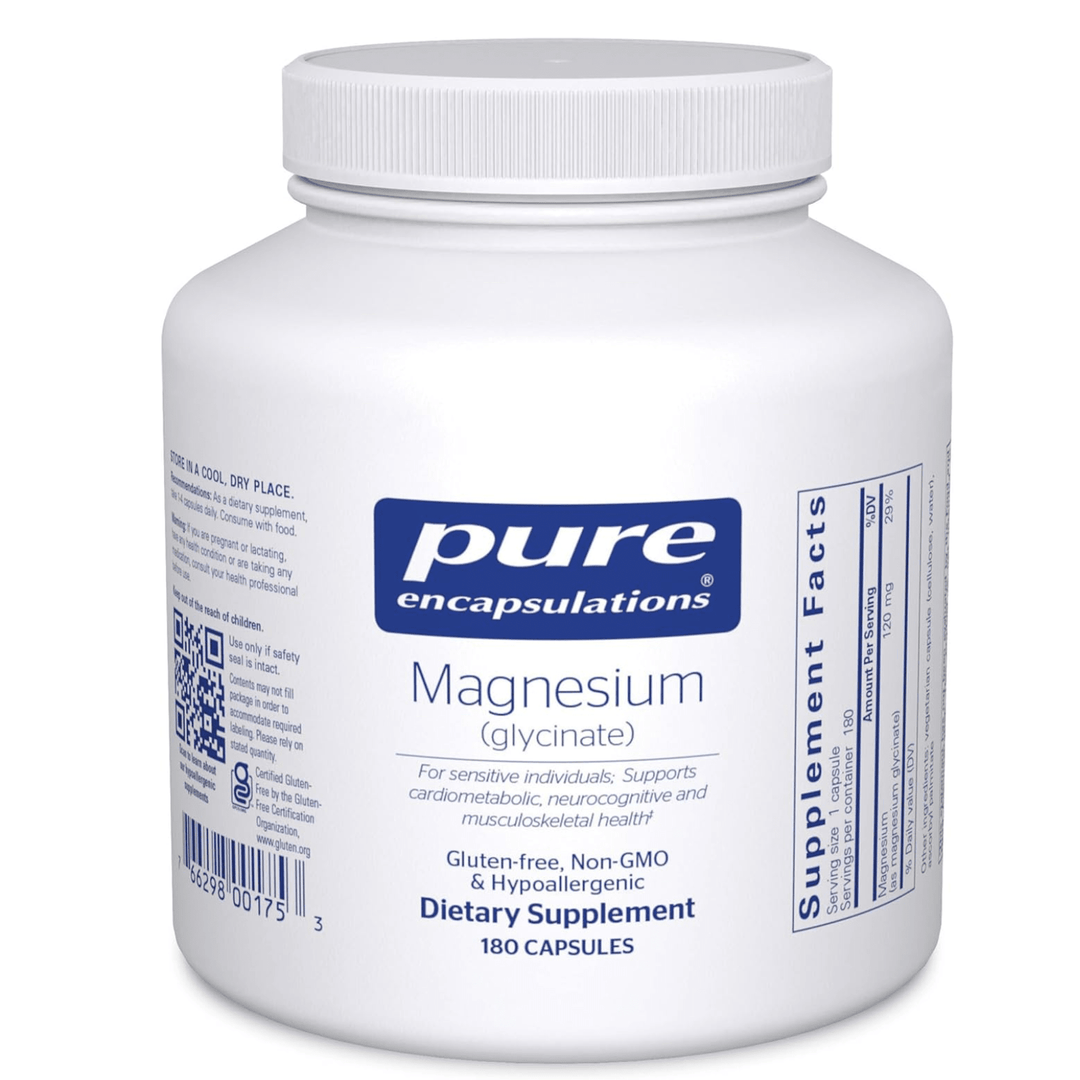 Pure Encapsulations Magnesium Glycinate dietary supplement capsules for stress relief and sleep support, 180 capsules.