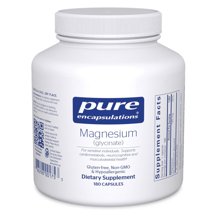 Pure Encapsulations Magnesium Glycinate dietary supplement capsules for stress relief and sleep support, 180 capsules.