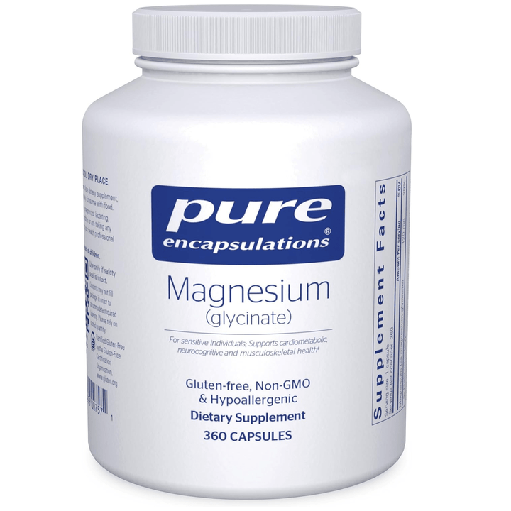 Pure Encapsulations Magnesium Glycinate dietary supplement capsules for stress relief and sleep support, shown in a bottle.